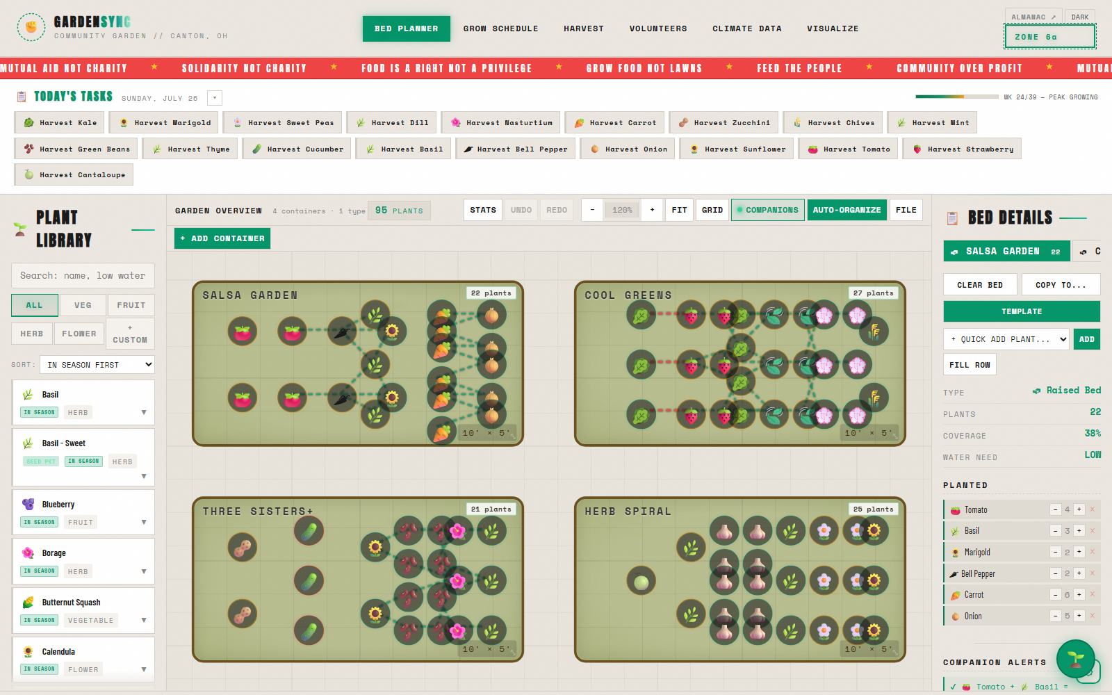 The bed planner in light theme: four beds of plants with companion threads on a pale background, with the plant library and bed details panels in matching light styling.