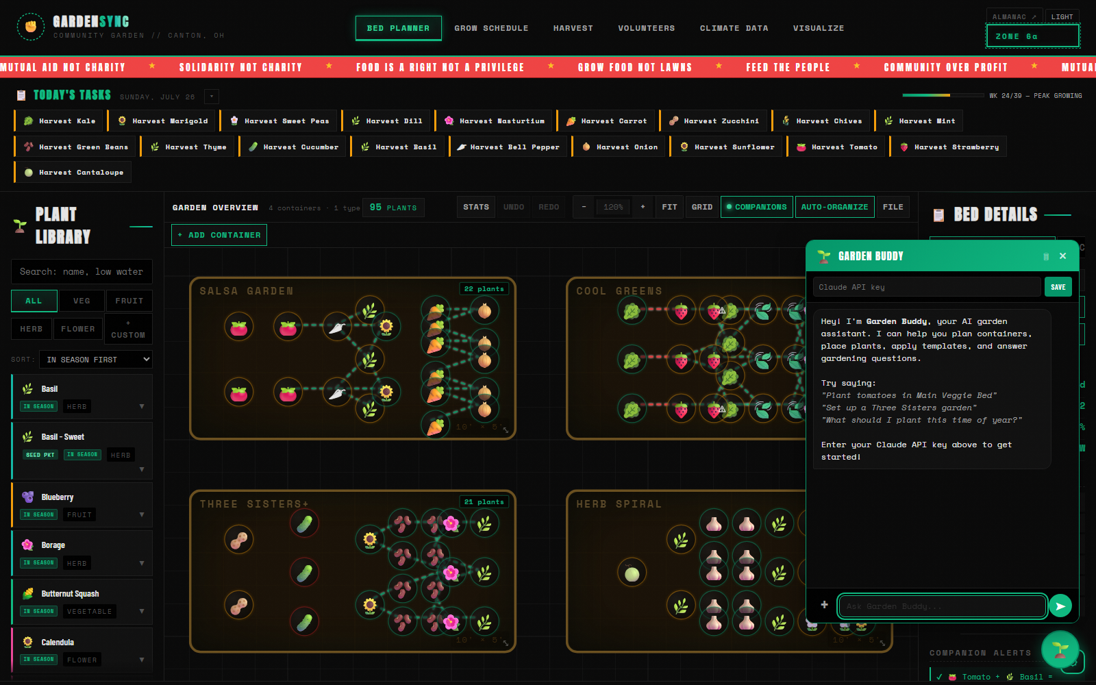 Garden Buddy, an AI chat panel open over the bed planner, introducing itself and suggesting example commands like planting tomatoes or setting up a Three Sisters garden.