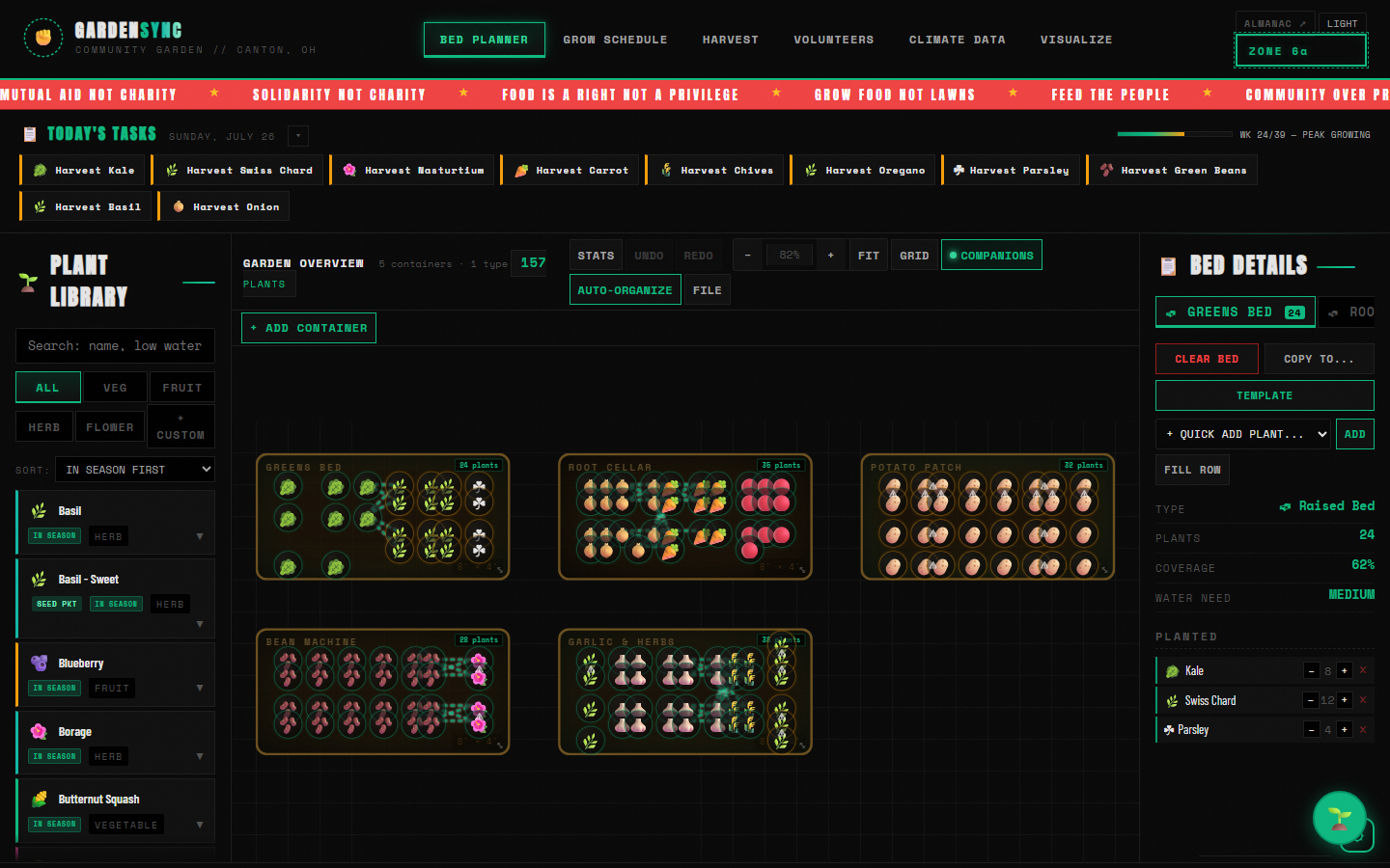 The GardenSync bed planner in emerald on black: five raised beds full of plants on a dark grid, with the plant library on the left and bed details on the right.